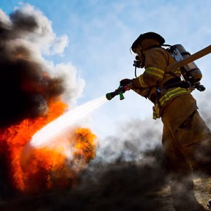 fire ex Firefighters in a fire protection suit wearing firefighter helmet with breathing device and holding fire hose is extinguishing a burning house fire that is putting off excessive heat and smoke. Fire could have been caused by accident or arson. Second firefighter in background.