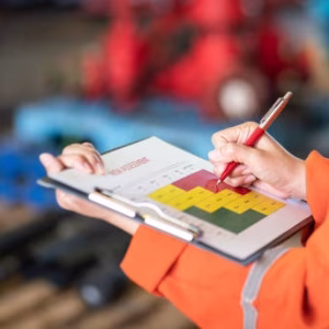 wk risk Action of a person is using ballpoint pen to marking on the risk assessment matrix table at "High risk" level. Industrial or business working action scene photo. Close-up and selective focus.